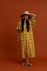 MAVRA VOLIA Maxi Dress (Pyrgousika lime&brown)