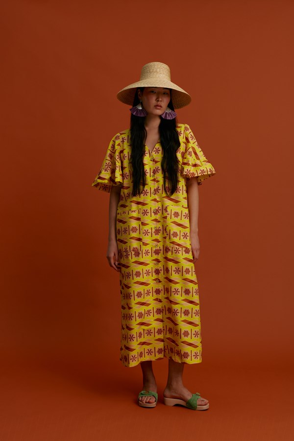 MAVRA VOLIA Maxi Dress (Pyrgousika lime&brown)