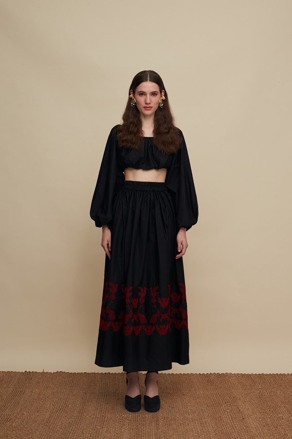 AMNISOS MAXI SKIRT (BLACK EMBROIDERED)