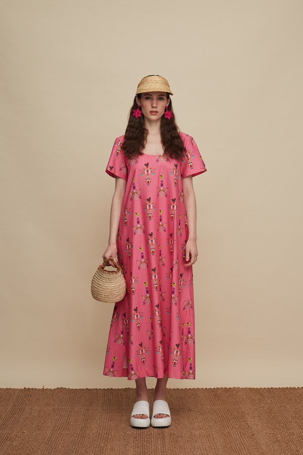 SFAKIA MAXI DRESS (VIVID PINK BIRD PRINT)