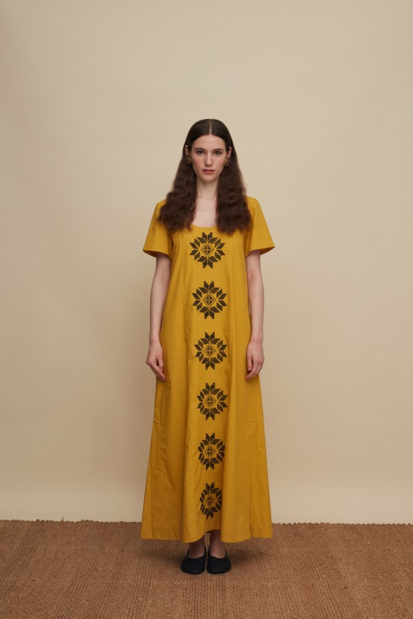 MALEVIZION MAXI DRESS (MUSTARD EMBROIDERED)