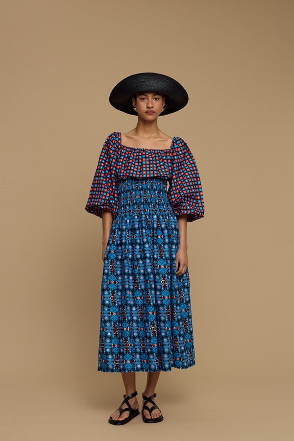 MAXI DRESS MYKONOS (AMORGOS BIRD BLACK & BLUE PRINT)