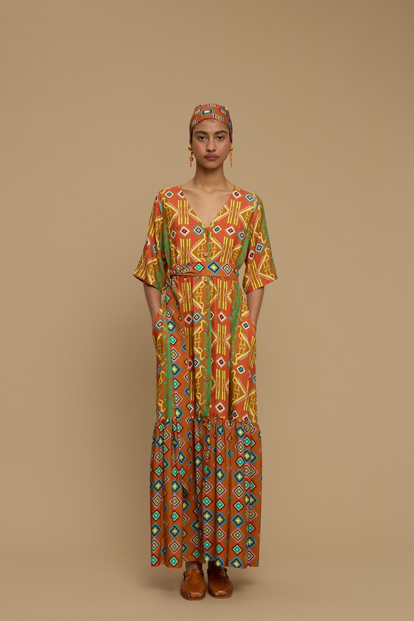 MAXI DRESS ANDROS (SIFNOS BIRD BROWN PRINT)