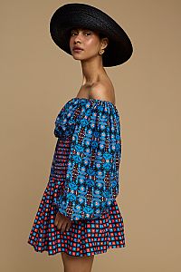 MINI DRESS KIMOLOS  (AMORGOS BIRD BLACK & BLUE  PRINT)