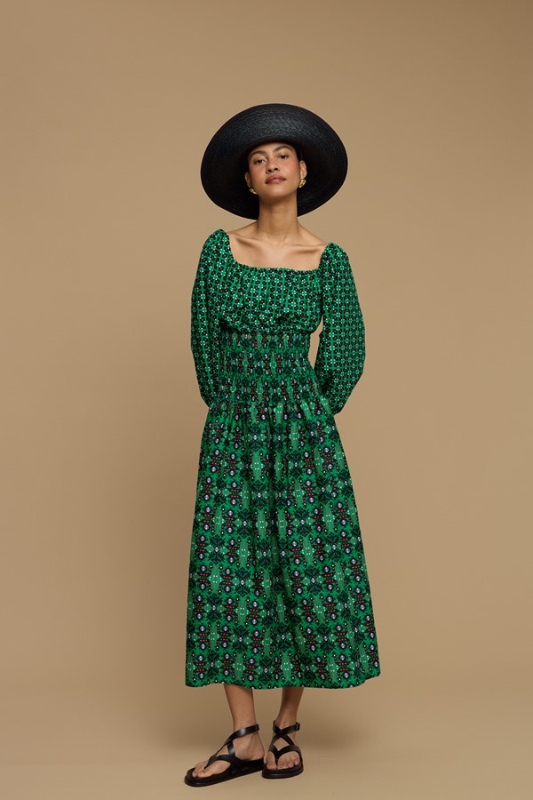 MAXI DRESS MYKONOS (AMORGOS BIRD BLACK & GREEN PRINT)