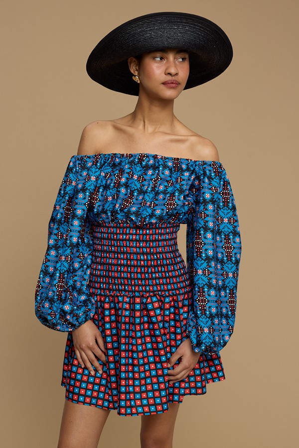 MINI DRESS KIMOLOS  (AMORGOS BIRD BLACK & BLUE  PRINT)