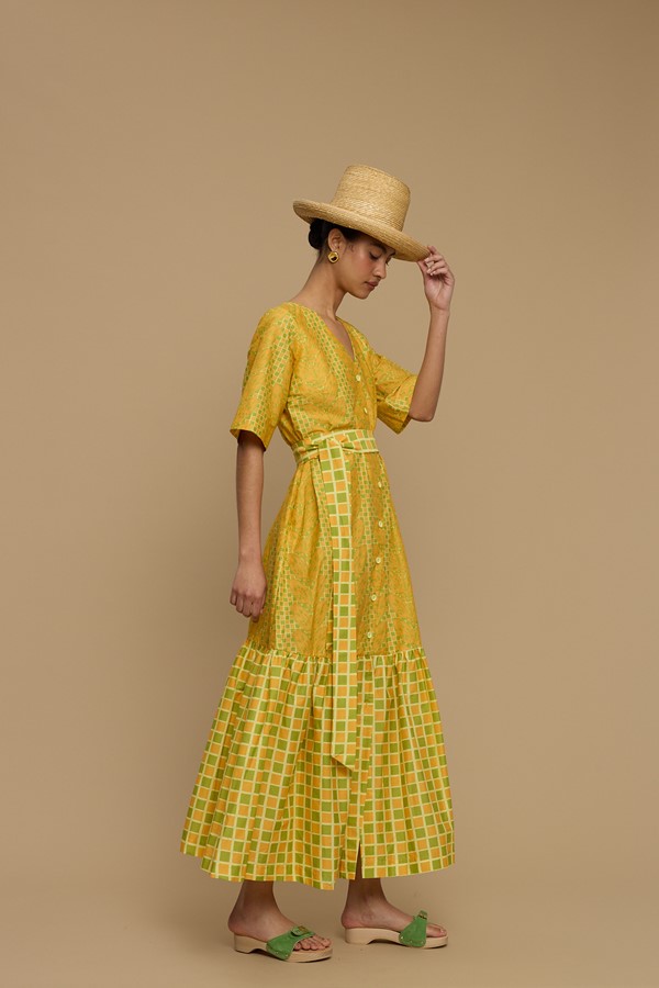 MAXI DRESS ANDROS (NAXOS CURTAIN LIME & ORANGE PRINT)