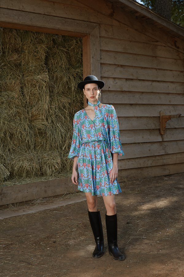 ALOSIS MINI DRESS (Birds&Vase Blue Print)