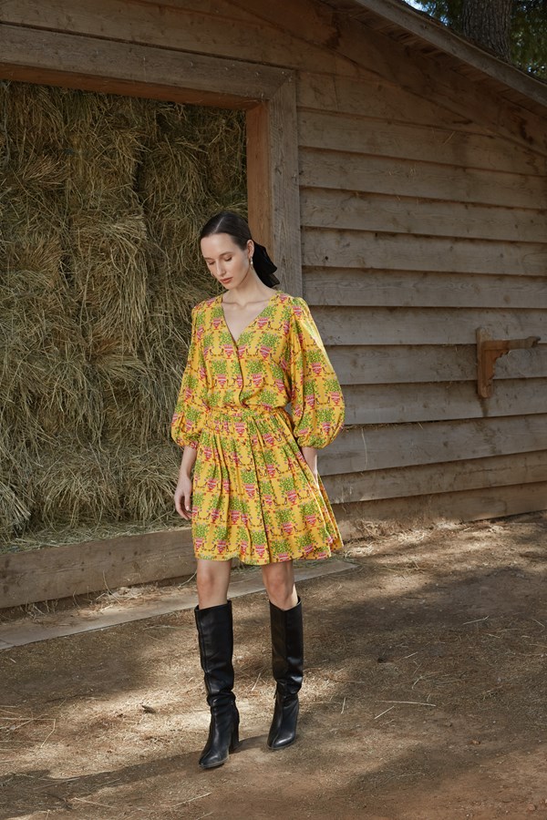 ALOSIS MINI DRESS (Birds&Vase Mustard Print)