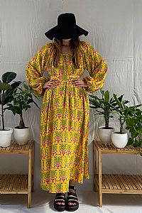 VLACHA Dress (Birds&Vase Mustard Print)