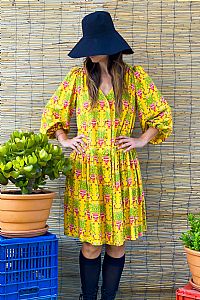 ALOSIS MINI DRESS (Birds&Vase Mustard Print)