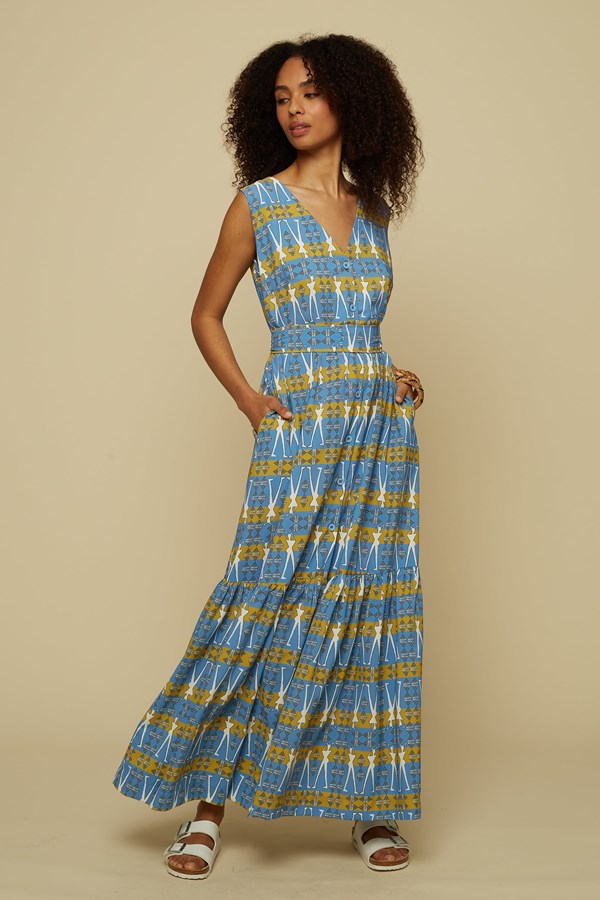 HENIOCHUS MAXI DRESS (BLUE GEO HUMAN FIGURE PRINT)