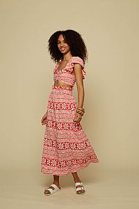 TECTON SKIRT (RED LABYRINTH&FLOWERS PRINT)