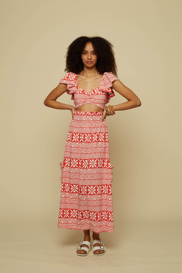 TECTON SKIRT (RED LABYRINTH&FLOWERS PRINT)