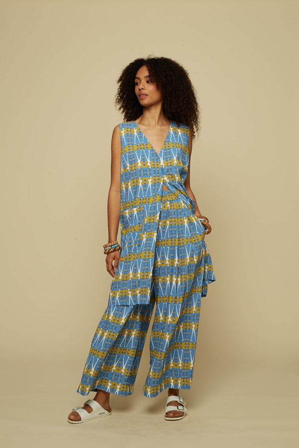 SCHEMA PANTS (BLUE GEO HUMAN FIGURE PRINT)