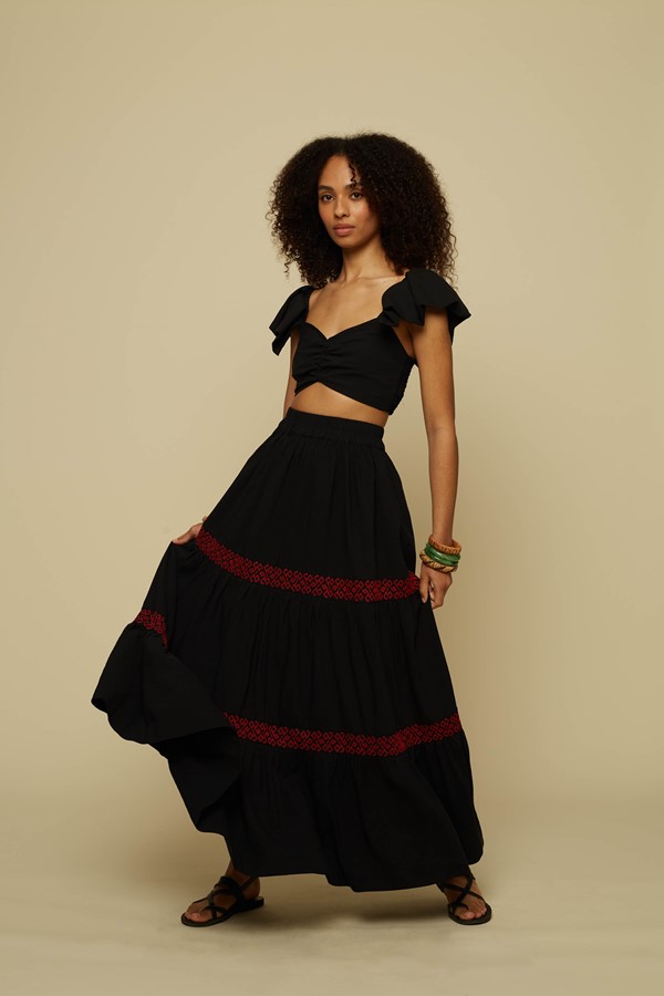 ANATHEMA MAXI SKIRT (BLACK/RED EMBROIDERED)